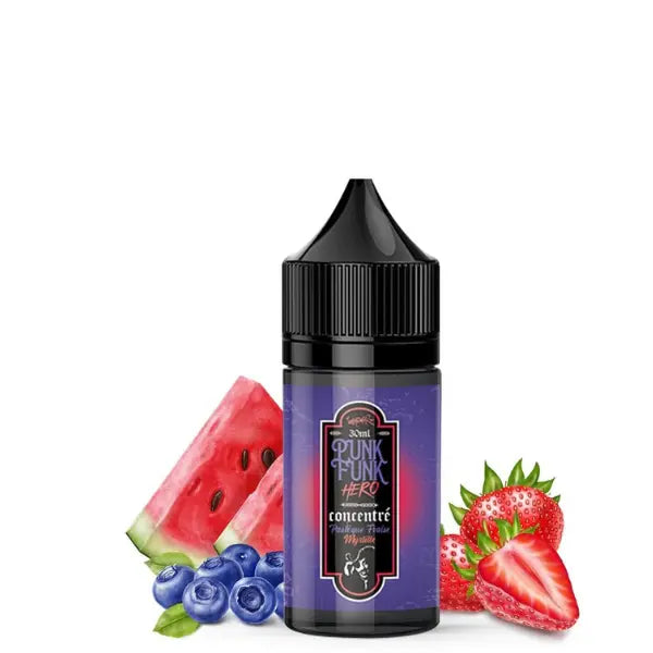 Flacon concentré Pastèque Fraise Myrtille 30ml – Punk Funk Hero – saveurs fruitées de pastèque, fraise et myrtille