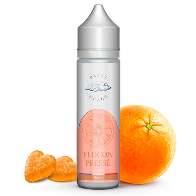 Flacon de e-liquide Flocon Pressé 50ml de Petit Nuage avec bonbons orange acidulés évoquant l’enfance