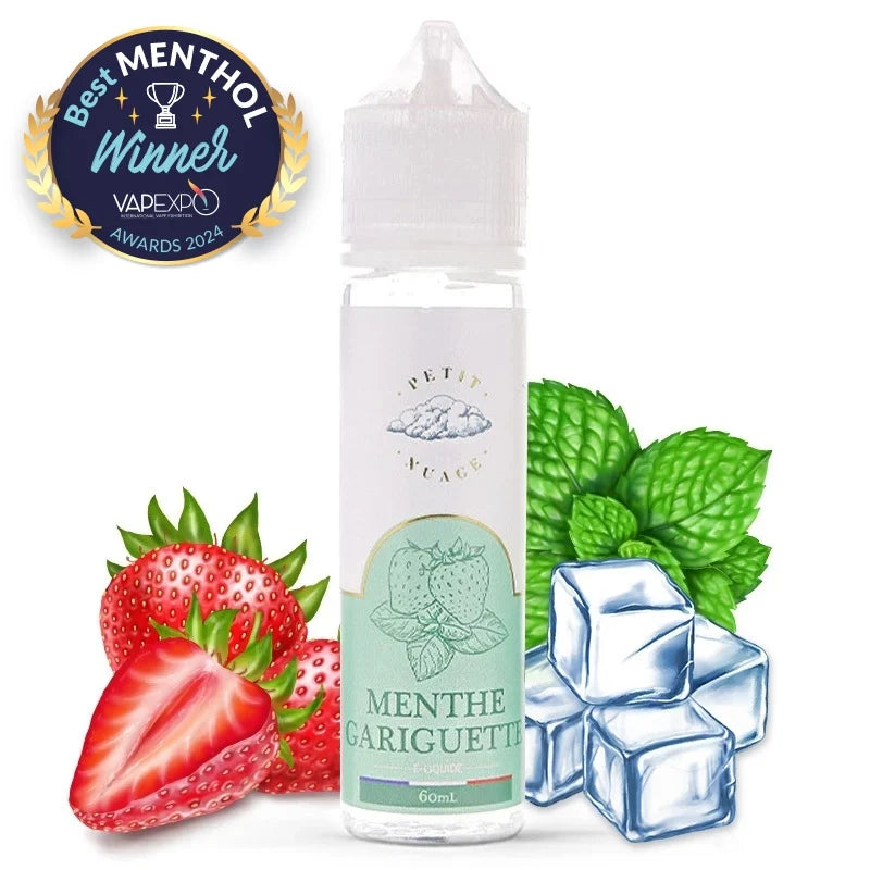 Flacon d’e-liquide Menthe Gariguette 50ml – Petit Nuage, avec fraises gariguettes et feuilles de menthe verte en arrière-plan