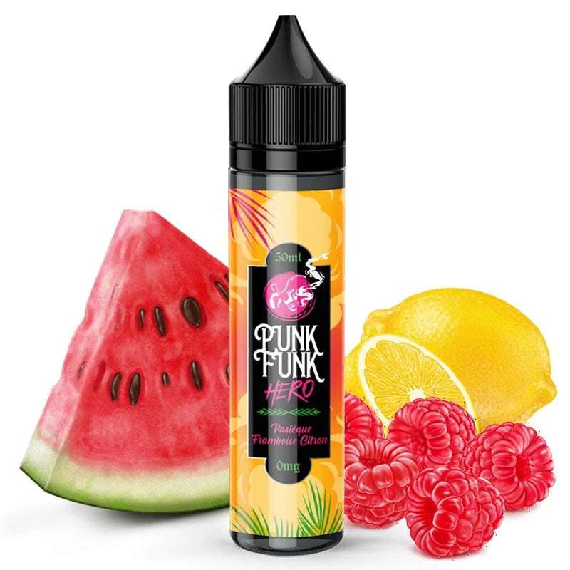 Flacon d’e-liquide Pastèque Framboise Citron 50ml de Punk Funk Hero, saveurs fruitées et acidulées