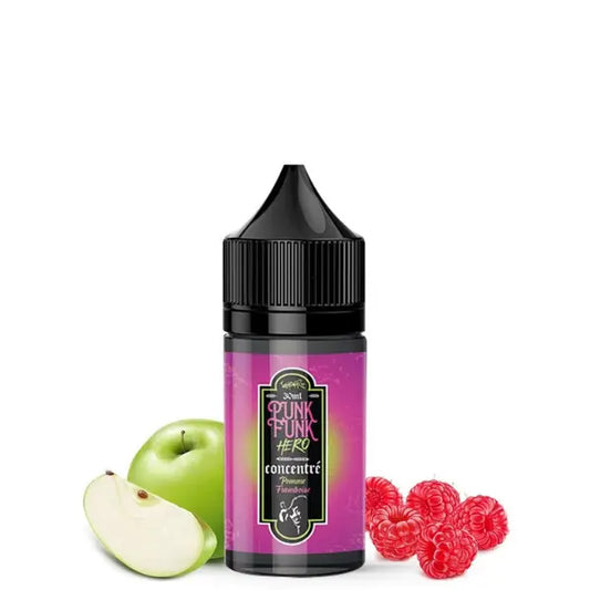 Flacon de l’arôme concentré Pomme Framboise Punk Funk Hero 30ml avec duo fruité sucré-acidulé.