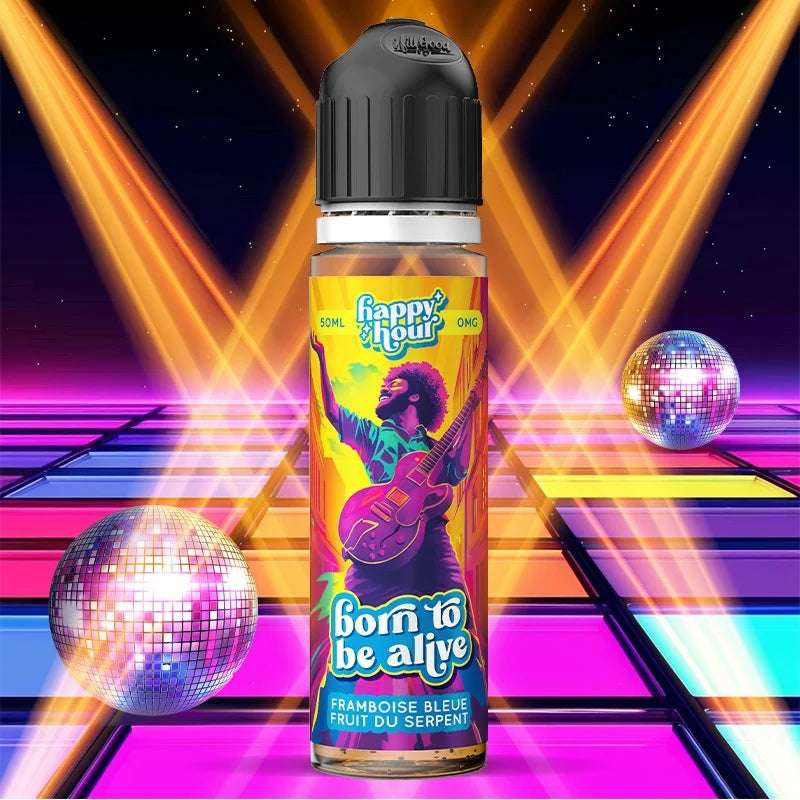 E-liquide Born to Be Alive Happy Hour 70ml - Framboise bleue et fruit du serpent glacé, fabriqué en France.