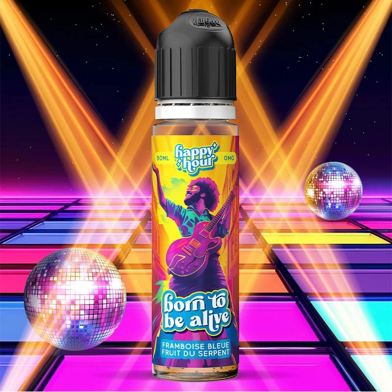 E-liquide Born to Be Alive Happy Hour 70ml - Framboise bleue et fruit du serpent glacé, fabriqué en France.