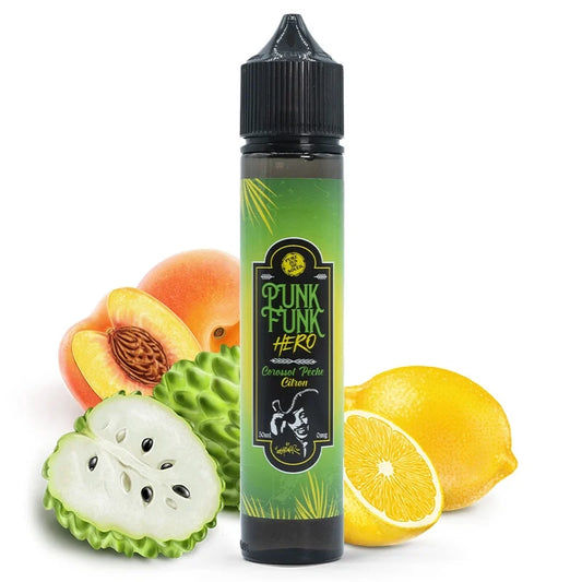 Flacon de e-liquide Corossol Pêche Citron 50ml – saveur fruitée et exotique signée Punk Funk Hero.