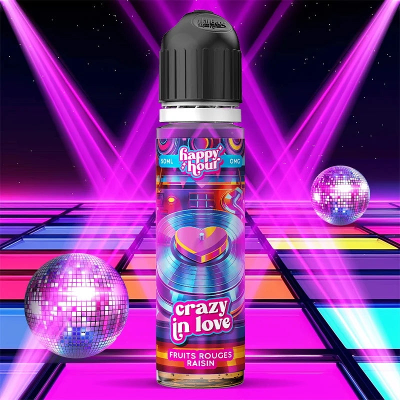 E-liquide Crazy in Love Happy Hour 70ml - Fruits rouges et raisin glacé, fabriqué en France.