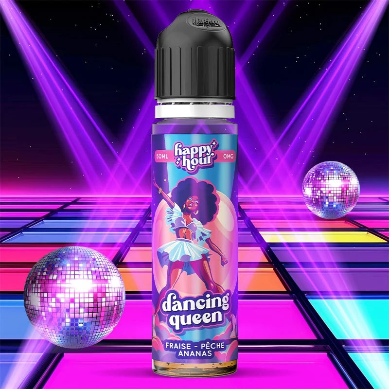 E-liquide Dancing Queen Happy Hour avec fraise, pêche, ananas et fraîcheur.