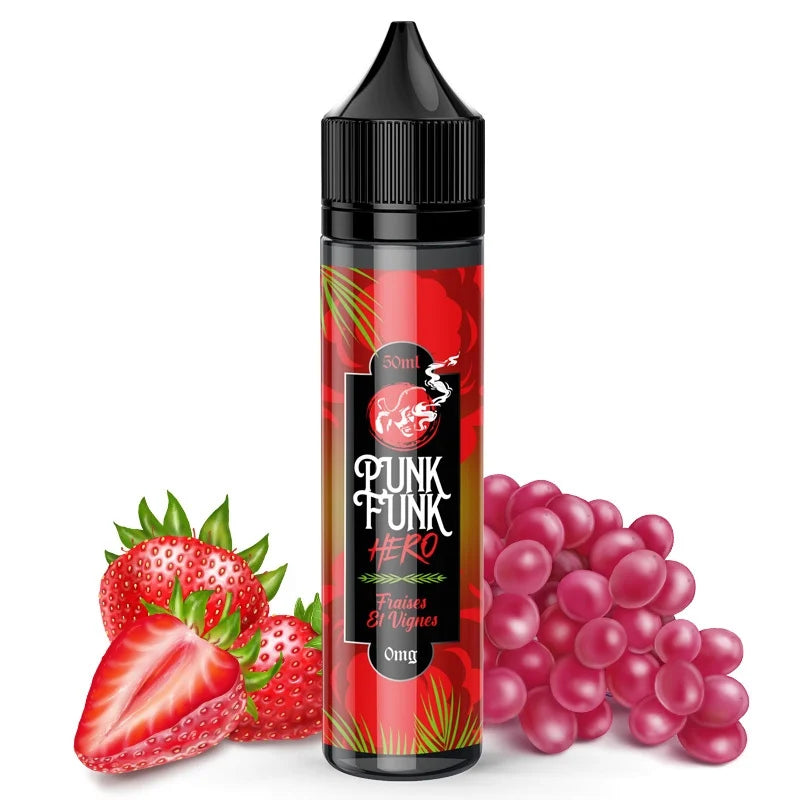Flacon d’e-liquide Fraise et Vignes 50ml par Punk Funk Hero avec design fruité