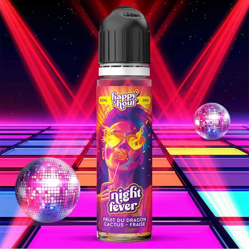 E-liquide Night Fever Happy Hour 70ml avec fruit du dragon, fraise et cactus.