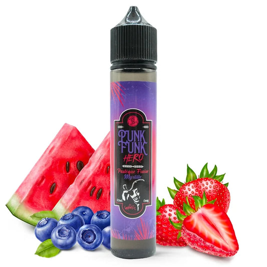 E-liquide Pastèque Fraise Myrtille – Un délicieux trio fruité pour une vape fraîche et intense signée Punk Funk Hero.